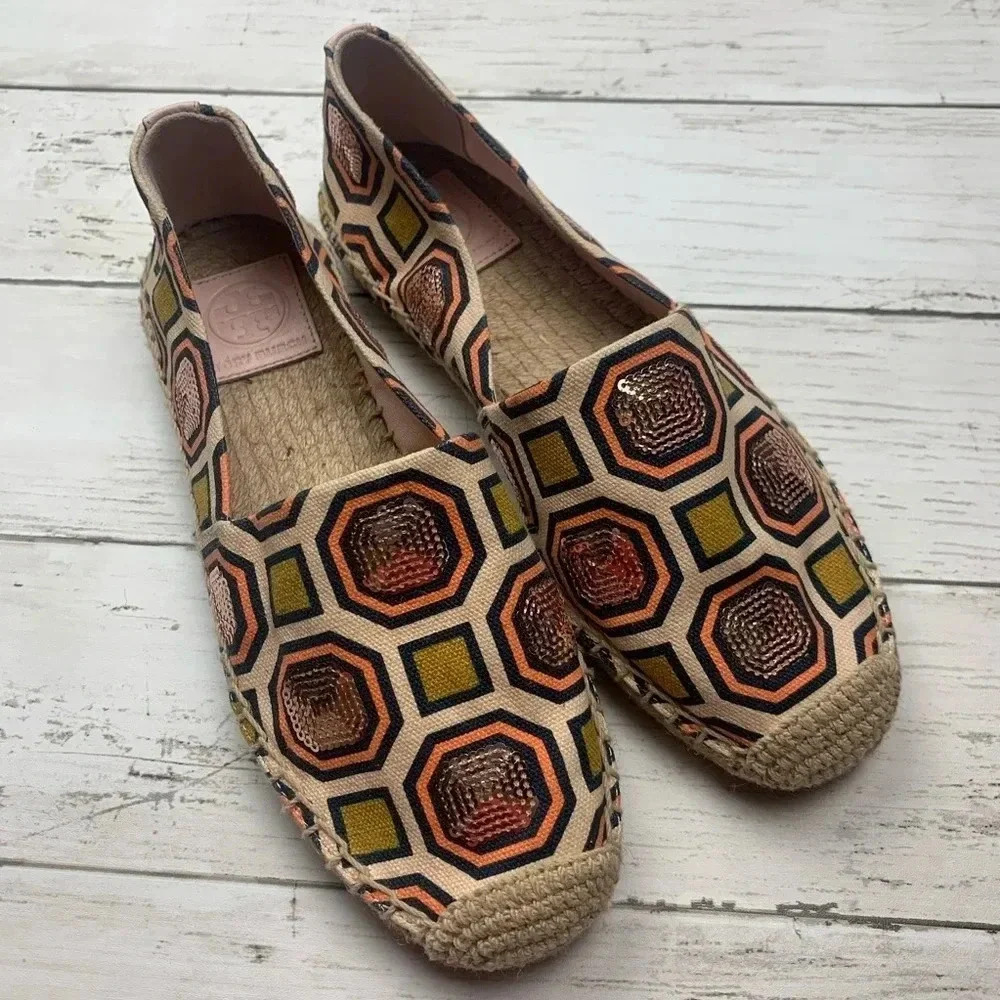 Tory Burch Cecily Sequin Embellished Espadrille 6 Flats Slip On Shoes Geometric - Picture 2 of 8